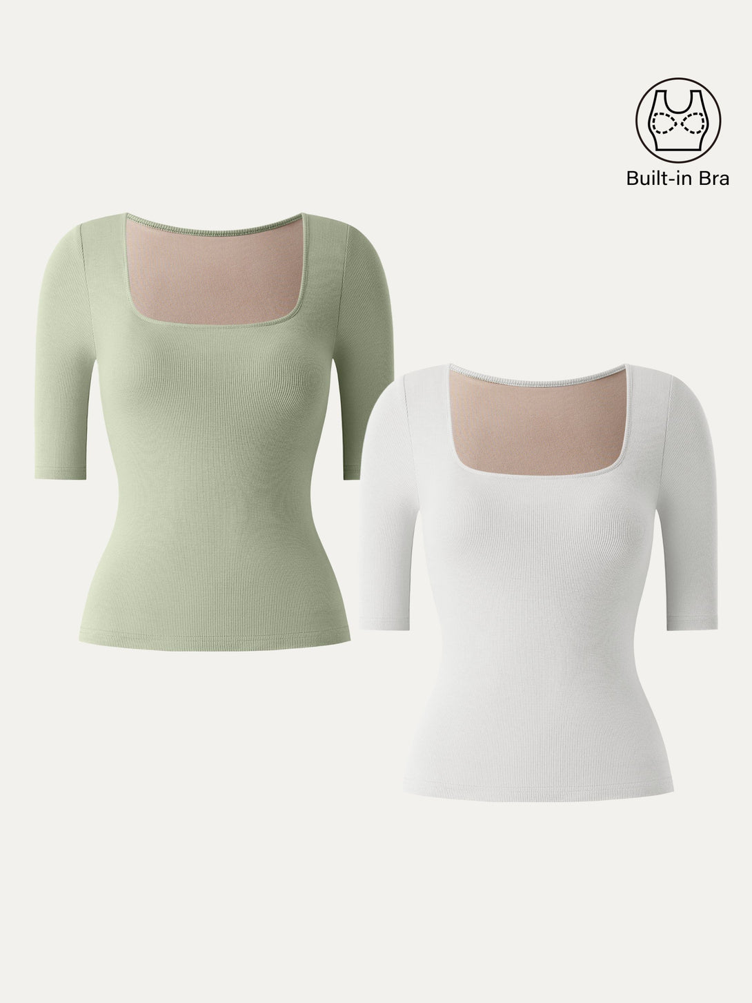 2Pcs Set Stretch Cotton Square Neck Elbow Length Sleeve Brami