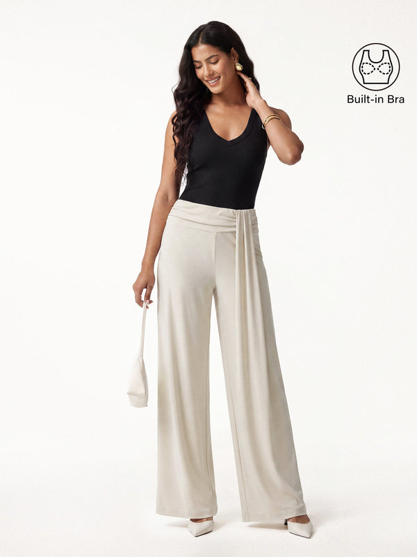 OGLmove 2Pcs Set V-neck Bra Tank & Mid-Rise Wide-Leg Lounge Pants Black/Morning Mist XS