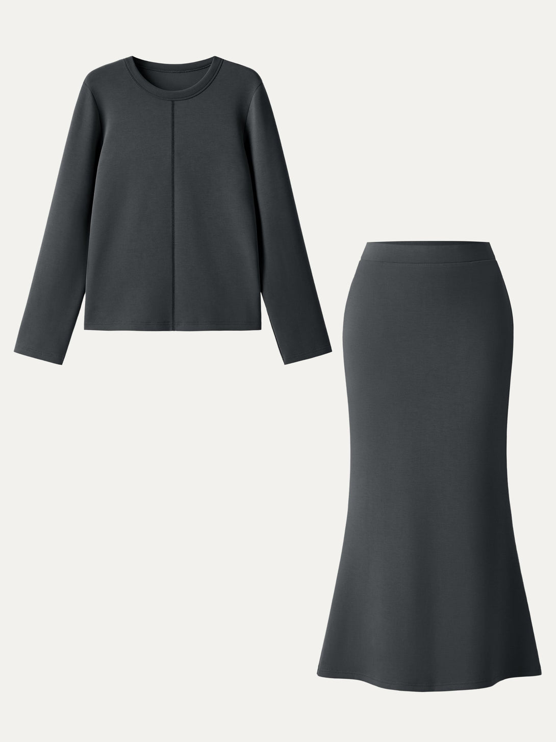 2Pcs Set Crew Neck Pullover Shirt & Wrinkle-Resistant Maxi Pull-on Skirt Blue Charcoal XS