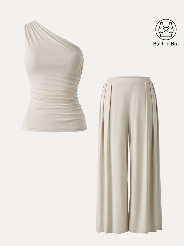 2Pcs Set Sandwashed Ruched Brami & Mid Rise Wide Leg Palazzo Pants with Pockets
