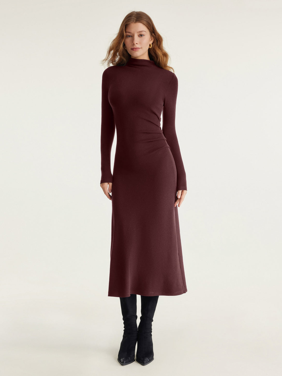 Heat-Tech Long Sleeves Mockneck Tucks Midi Dress Regular Ruby