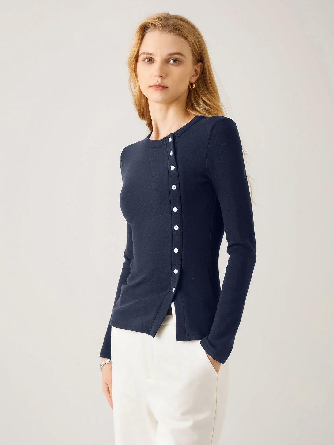 2Pcs Set Asymmetrical Placket Top & Tummy Warmer Pin-Tuck Pant