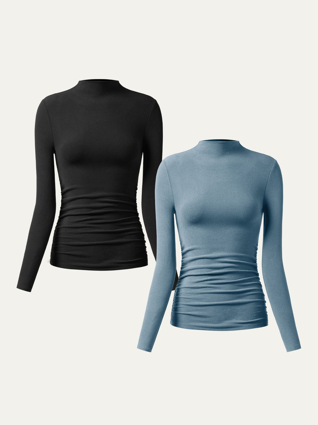 2Pcs Set Thermal Ruched Sides Tuckable Mockneck Top Black/Dusk Blue XS