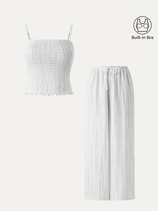 2Pcs Set Striped Adjustable Spaghetti Brami & Striped Wide Leg Pants with Pockets