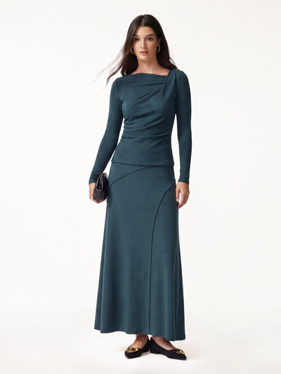 OGLmove 2Pcs Set Asymmetrical Neck Long Sleeve Top & Drapey A-Line Midi Skirt Forest Night XXS