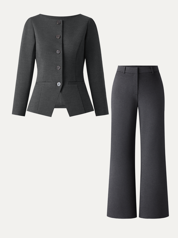 OGLmove 2Pcs Set Neck Long Sleeve Jacket with Pockets & Mid-Rise Wide-Leg Pants with Pockets