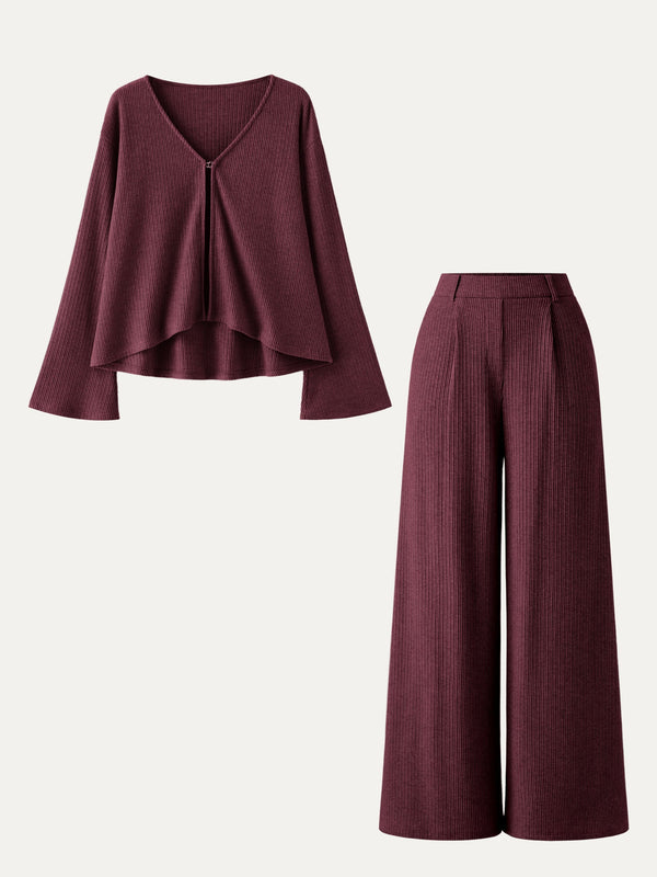 2Pcs Set V Neck Flare Long Sleeve Cardigan & High Waisted Plicated Wide Leg Pant Wine XS