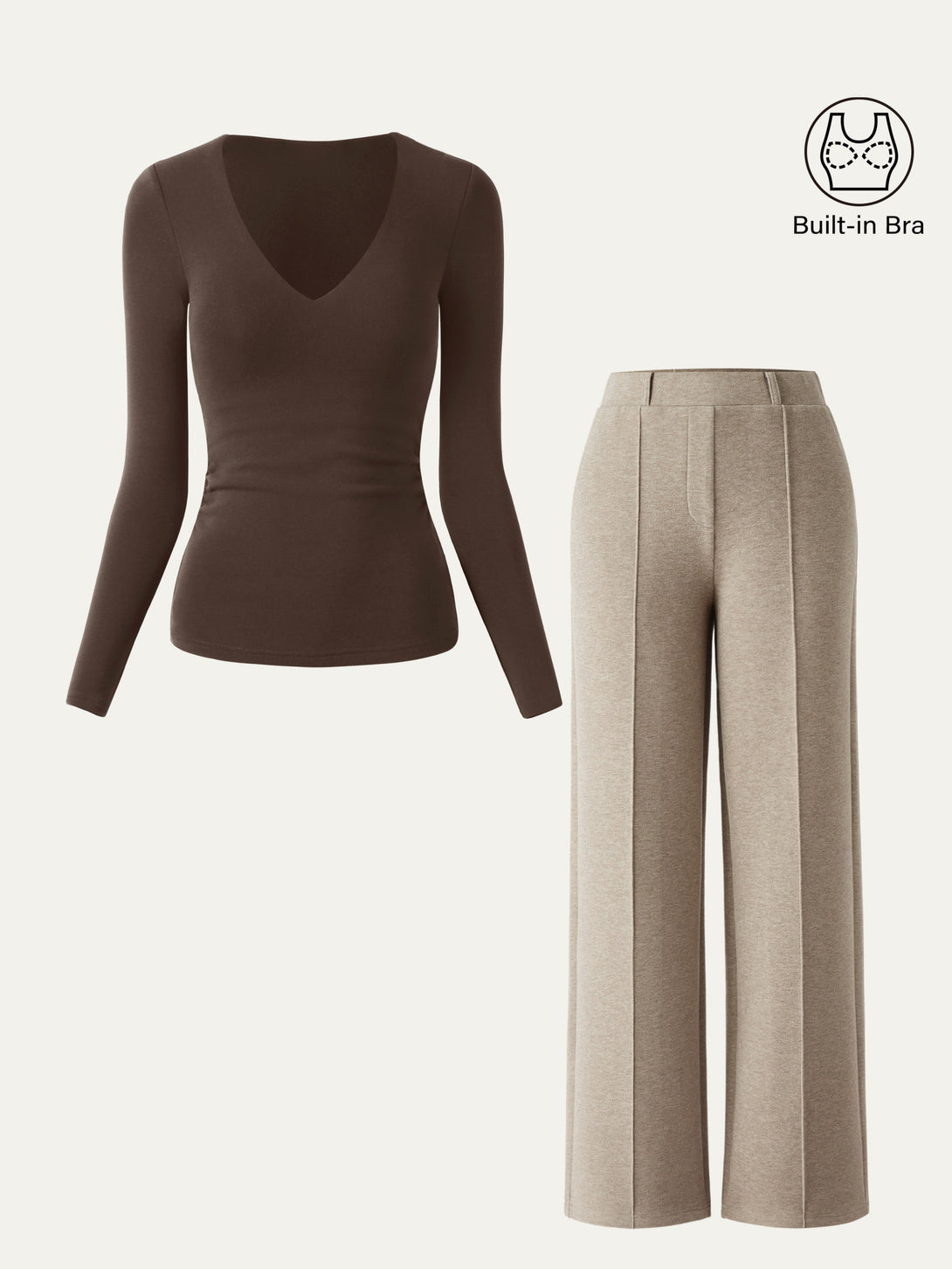 2Pcs Set V-Neck Brami Top & High Waisted Straight Leg Pant