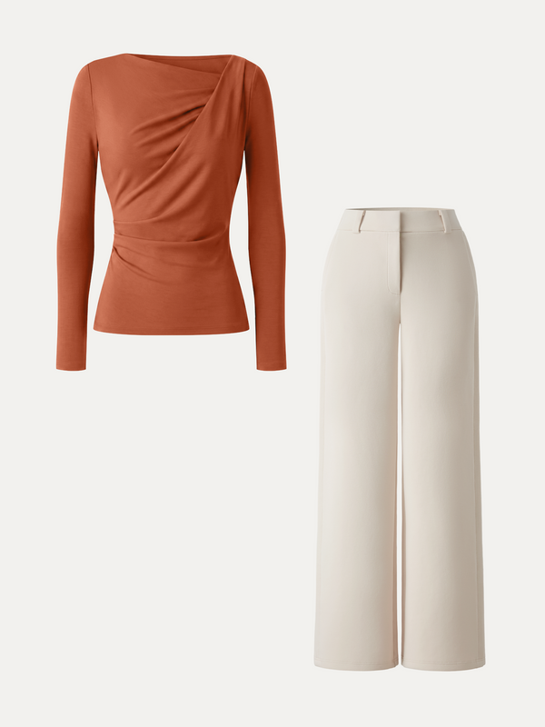 OGLmove 2Pcs Set Asymmetrical Neck Long Sleeve Top & Mid Rise Wide Leg Trouser