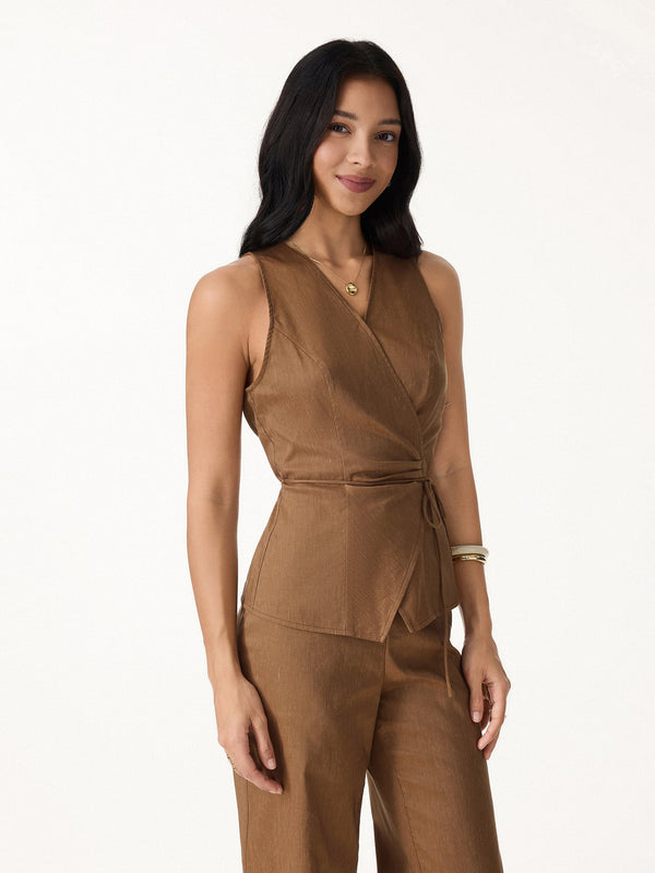 OGLmove Stretch Linen Wrap Top with Self-Tie Tree Brown XS