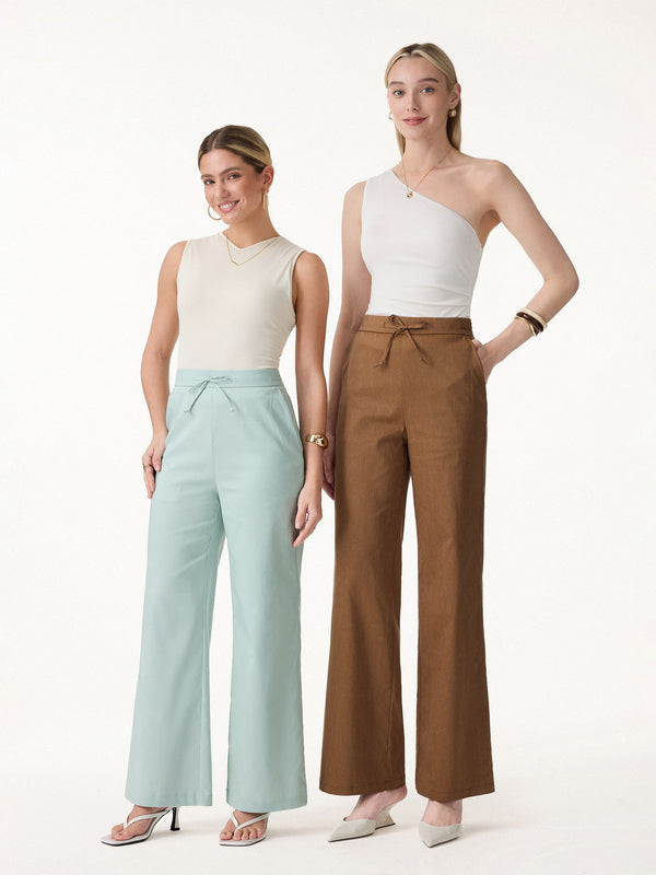OGLmove Wrinkle-Resistant Linen Drawstring Wide Leg Pant with Pockets