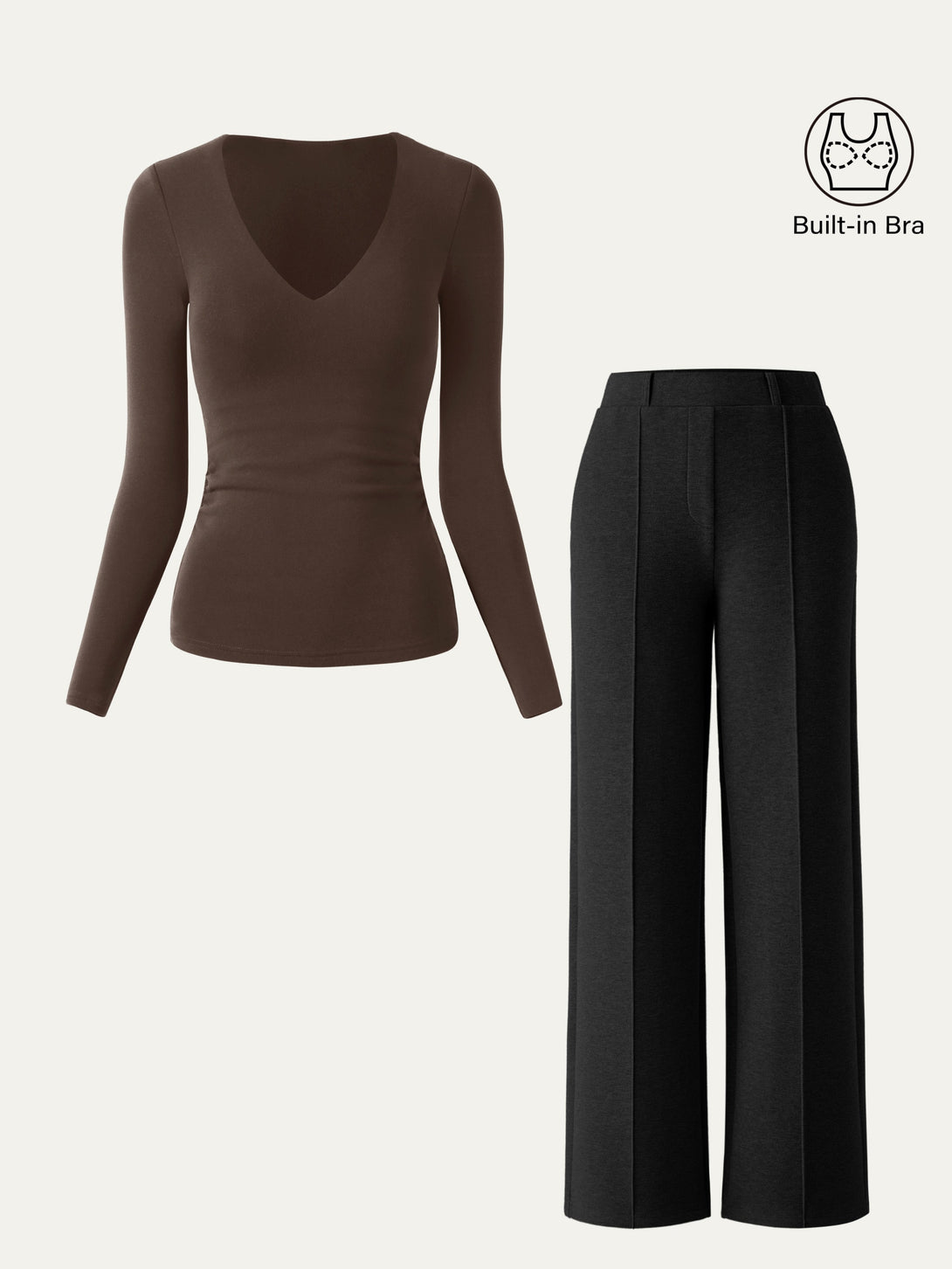2Pcs Set V-Neck Brami Top & High Waisted Straight Leg Pant
