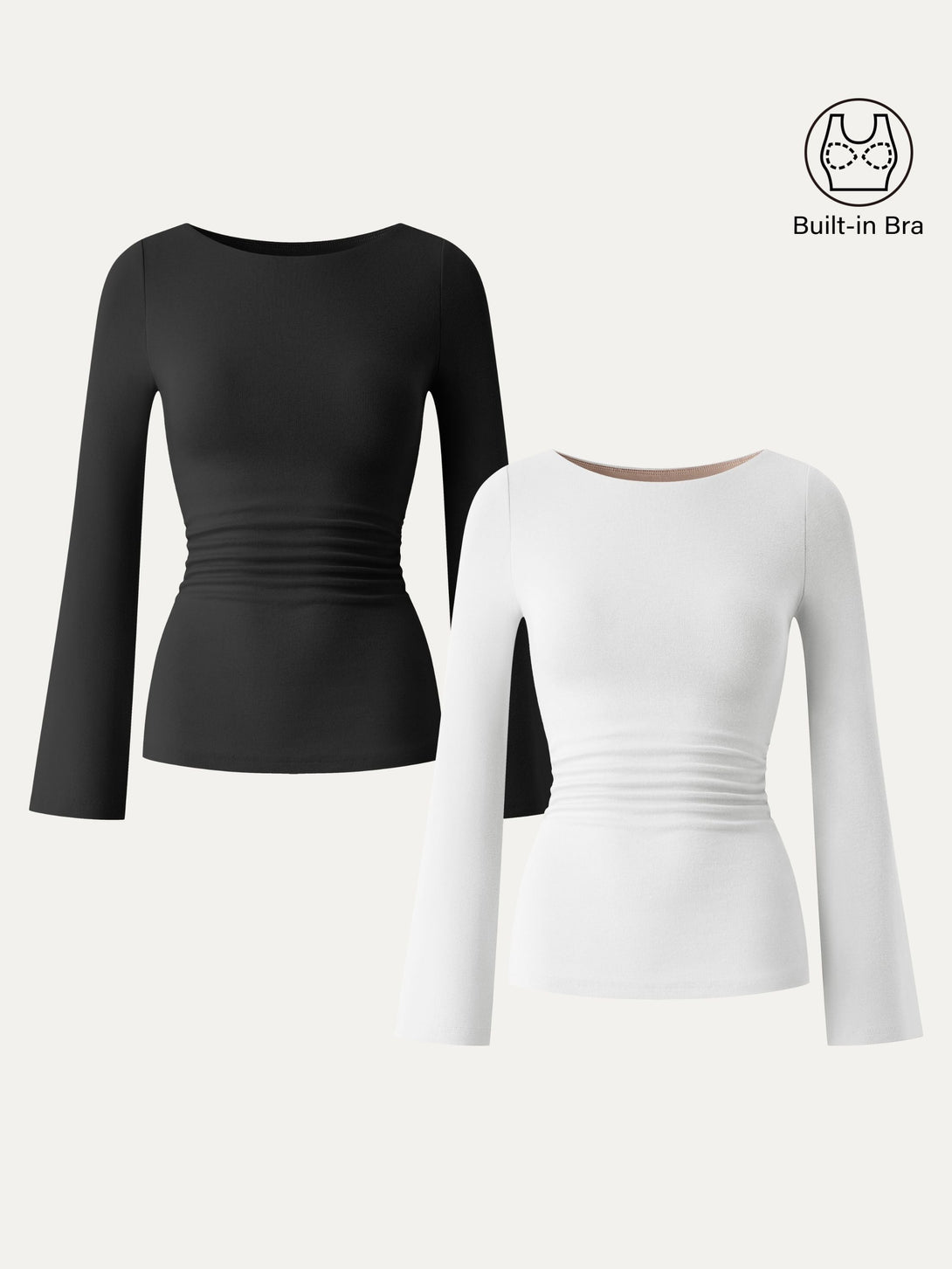 Boatneck Bell Sleeves Ruched Brami Top Black/White XS