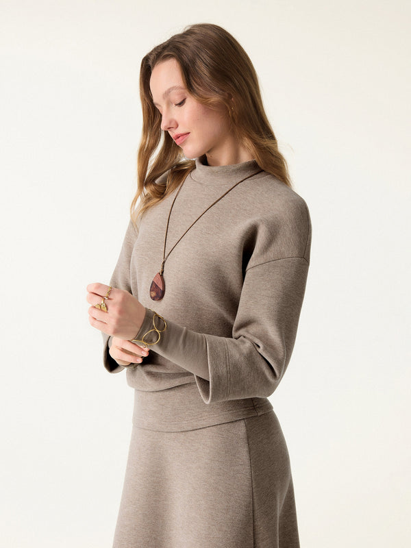 OGLmove 2Pcs Set Mockneck Sleeve-Warmer Top & Straight Leg Pants with Pockets