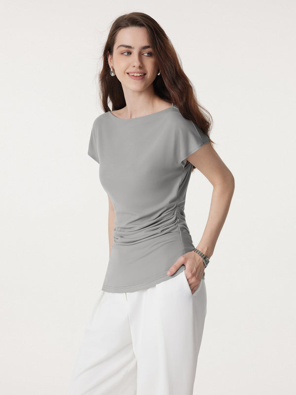 Boatneck Flutter Sleeve Side Tucked Long Tee