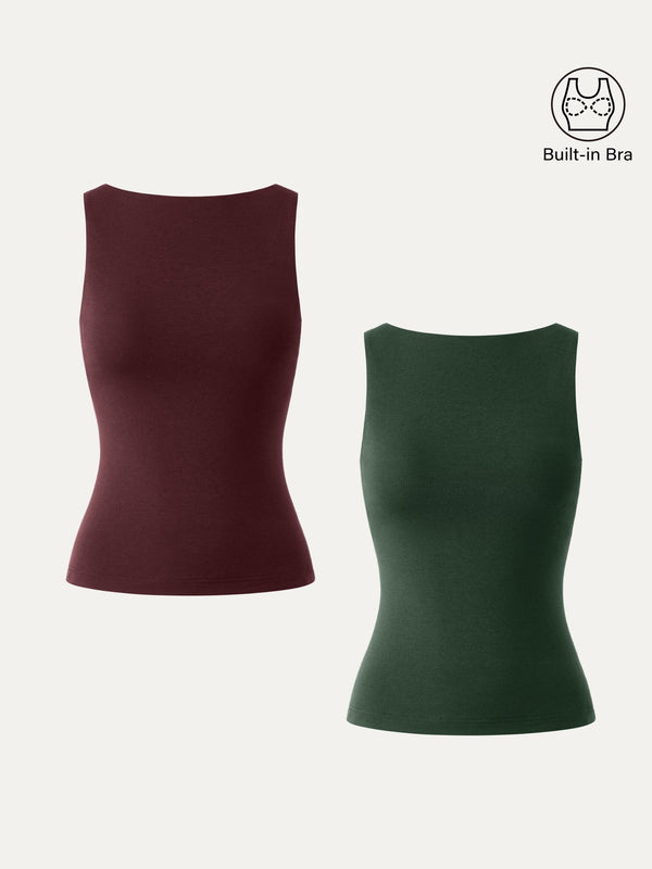 Stretch Cotton Boatneck Brami Tank Bush Green/Ruby Red XS