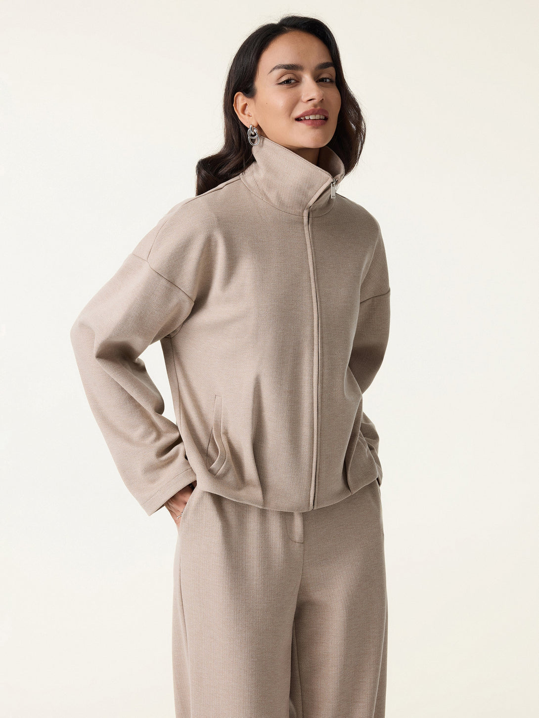 Herringbone Textured Full Zip Jacket Cereal XS