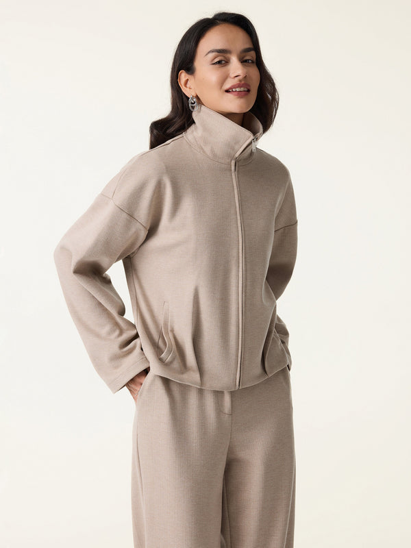 Herringbone Textured Full Zip Jacket Cereal XS