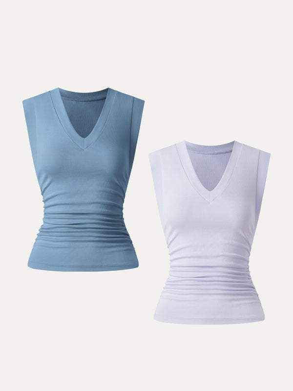 2Pcs Set Stretch Cotton V-neck Side Ruched Muscle Tee