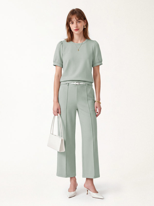 OGLmove 2Pcs Set Round Neck Puffed Short Sleeve Top & Cropped Straight-Leg Pants with Pockets