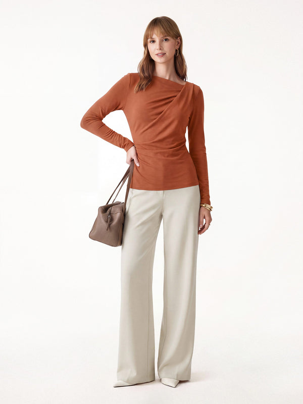 OGLmove 2Pcs Set Asymmetrical Neck Long Sleeve Top & Mid Rise Wide Leg Trouser Savanna Orange/Morning Mist XXS