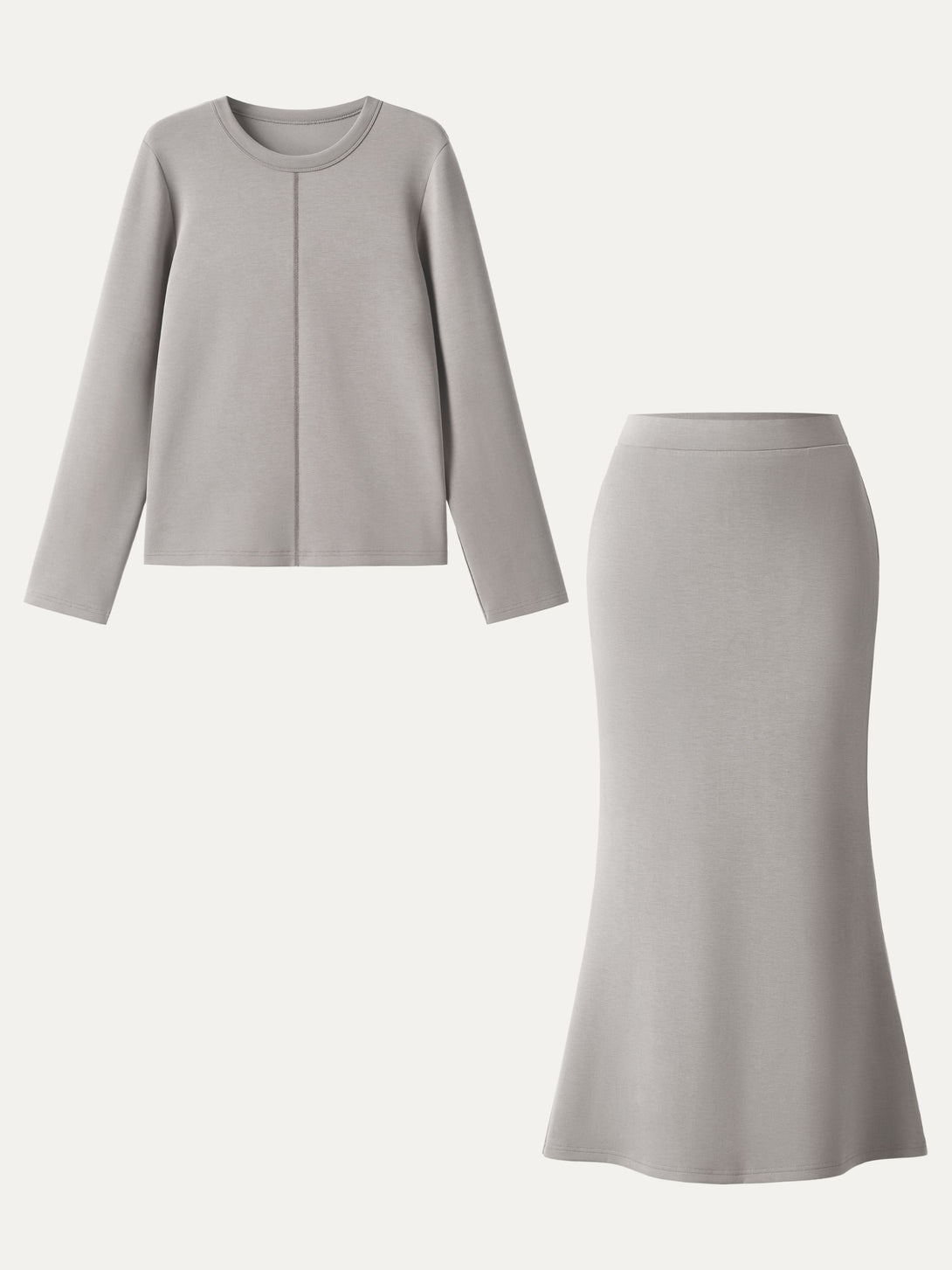 2Pcs Set Crew Neck Pullover Shirt & Wrinkle-Resistant Maxi Pull-on Skirt Grey Steel XS