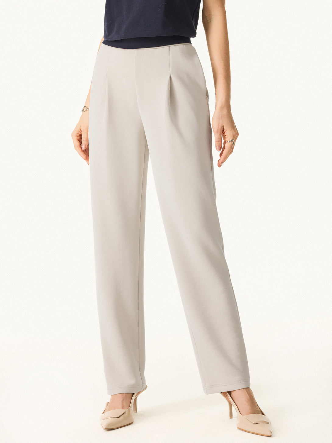 Sandwashed Spacer Mid Rise Straight Leg Pull-on Trousers with Pockets Petite Ash Ivory