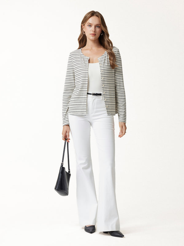 OGLmove Stripe Round Neck Long Sleeve Button-Up Cardigan
