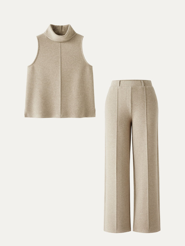 2Pcs Set Petite High Waisted Straight Leg Pant & Split Hem Top