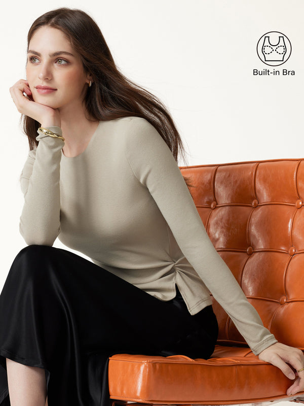 OGLmove Eco-Mousse® Round Neck Long Sleeve Twist-Hem Bra Top Roast Grey XXS