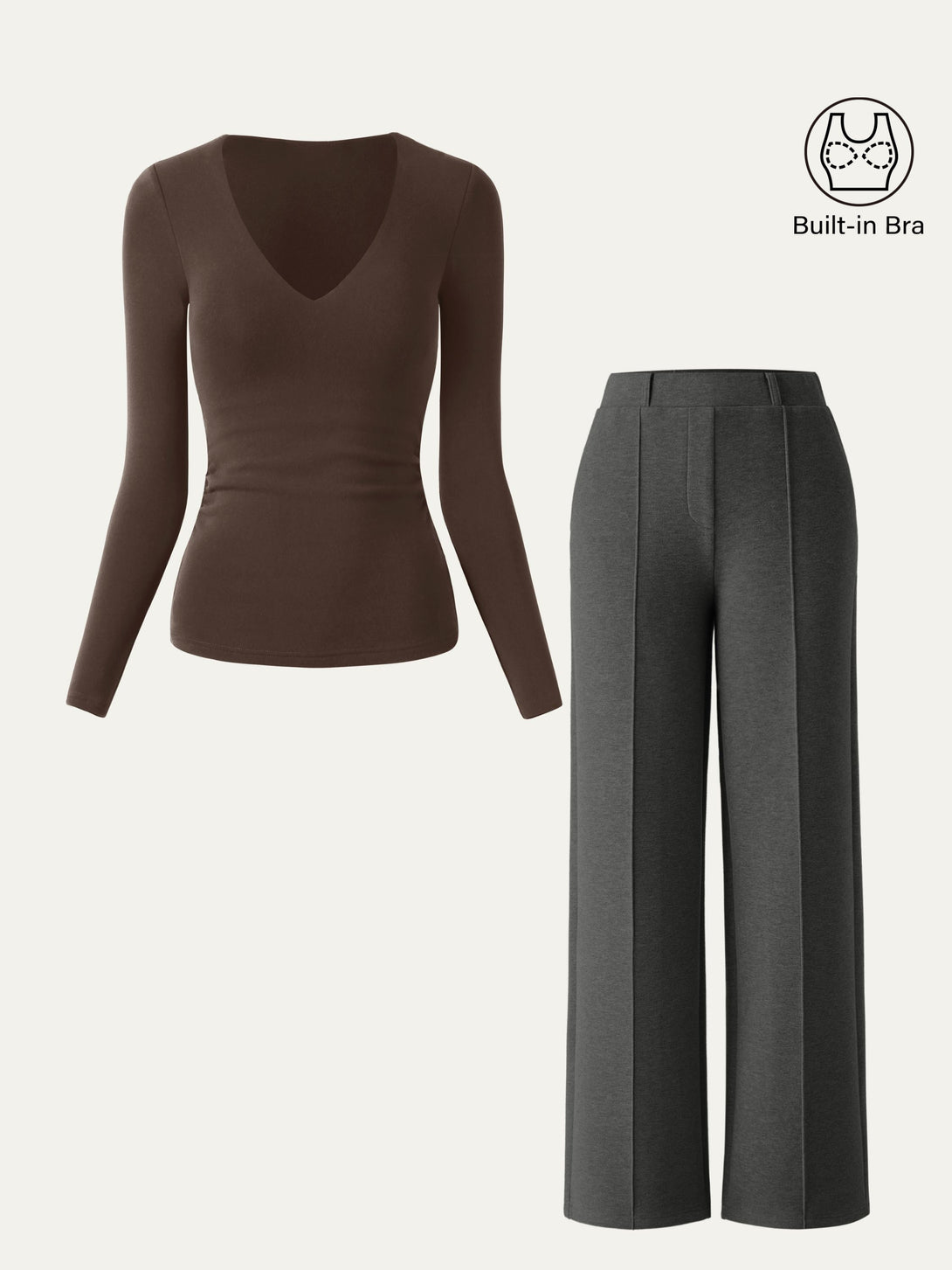 2Pcs Set V-Neck Brami Top & High Waisted Straight Leg Pant