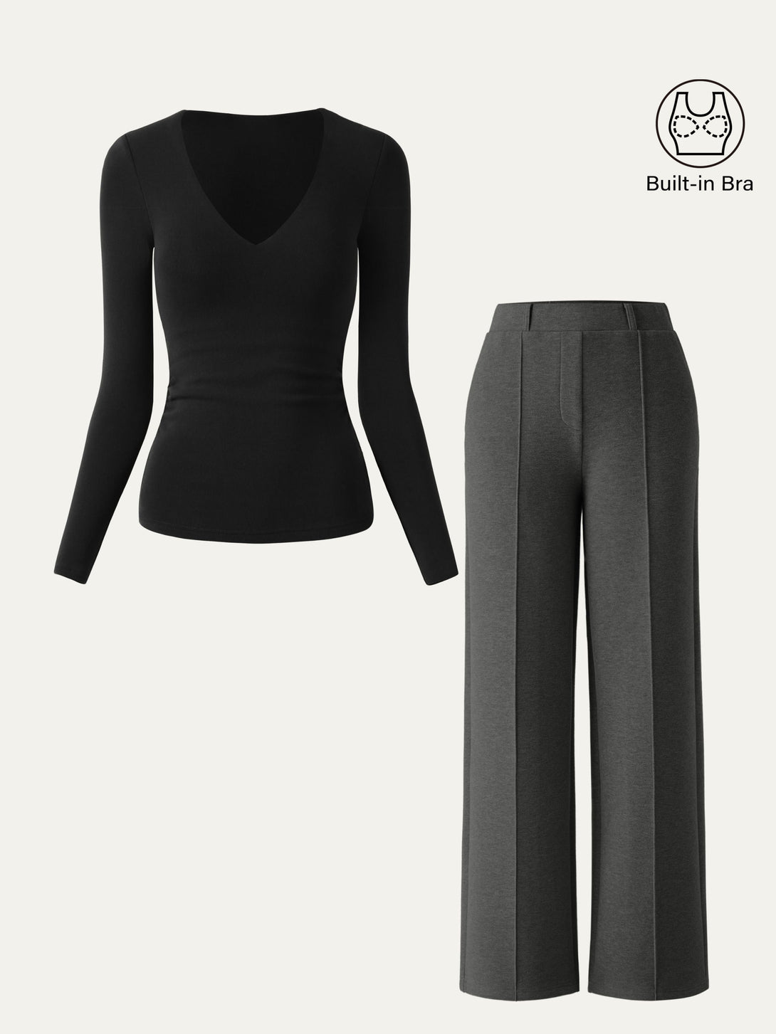 2Pcs Set V-Neck Brami Top & High Waisted Straight Leg Pant Black/Deep Grey XS