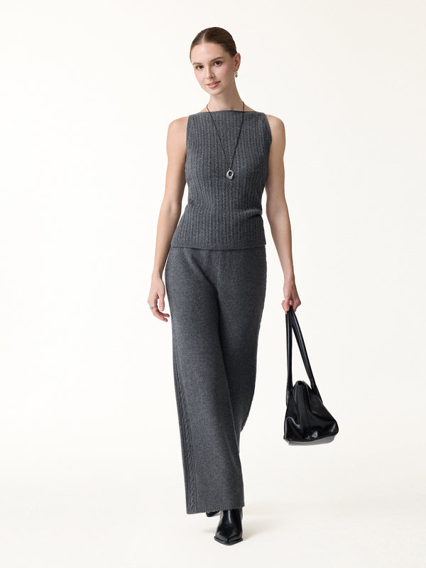OGLmove 2Pcs Set Sleeveless Cable-Knit Sweater Tank & Drawstring Wide-Leg Knit Pants Heather Midnight Grey XXS