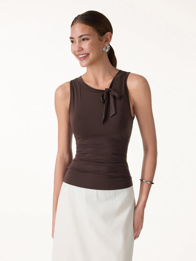 OGLmove Milky Smooth Round Neck Sleeveless Top with Bow Chocolate Brown XS