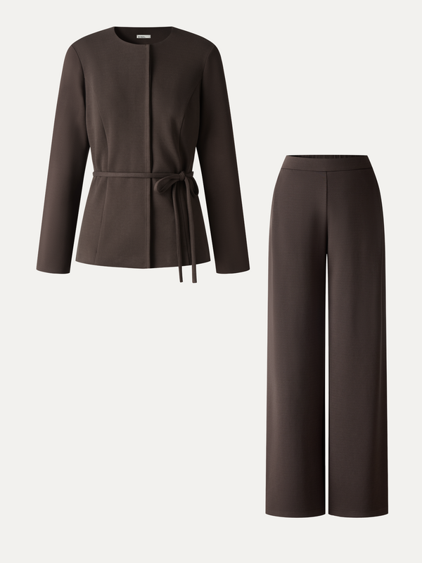 OGLmove 2Pcs Set Round Neck Belted Jacket with Pockets & High-Rise Wide-Leg Pants with Pockets