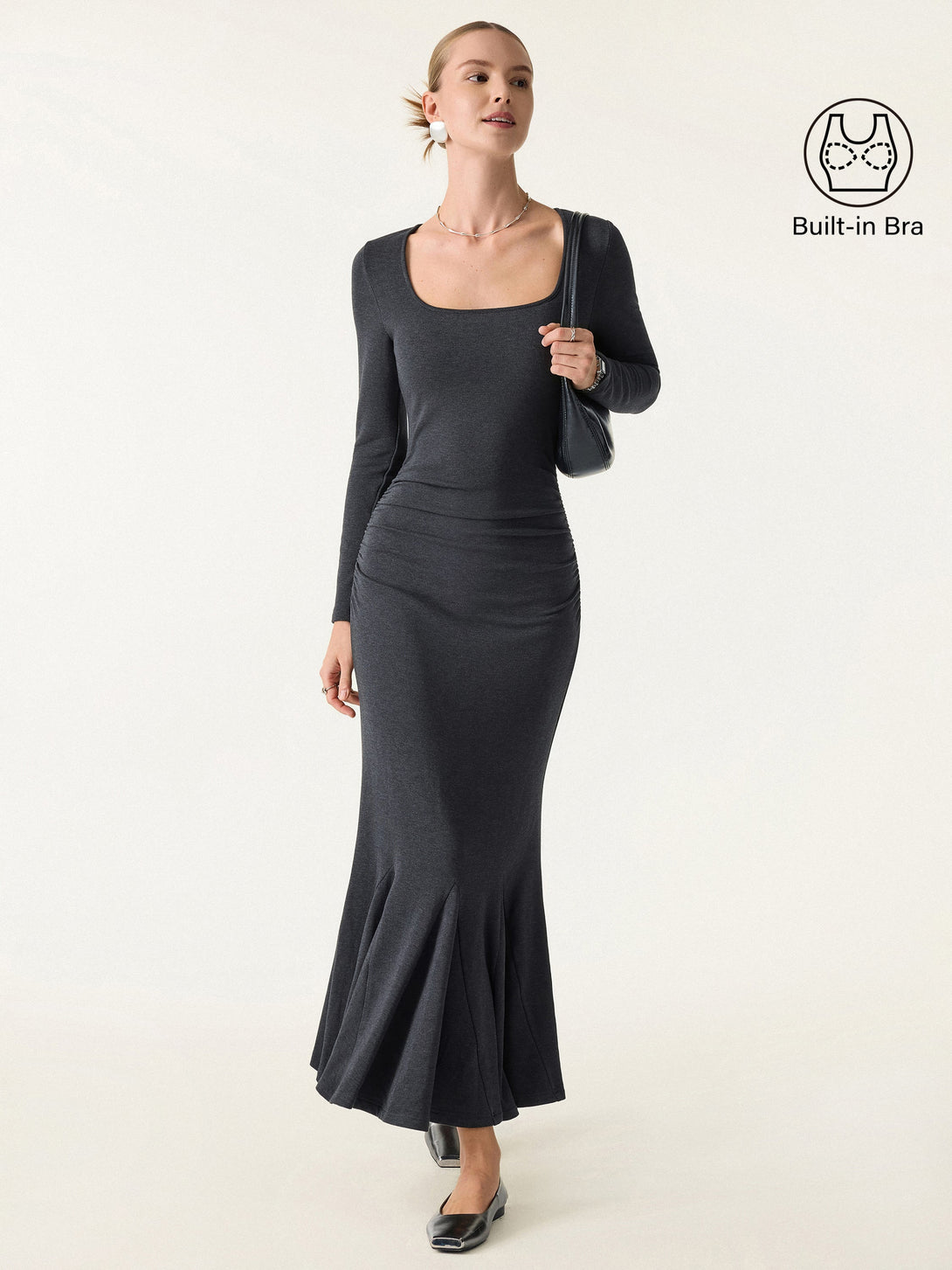 Going-out Square Neck Side Ruched Mermaid Maxi Brami Dress Heather Shadow XS