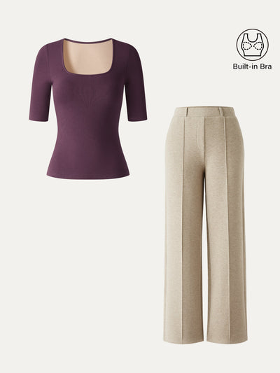 OGLmove 2Pcs Set Square Neck Bra Top & High Waisted Straigh Leg Pant Deep Fig/Heather Morganite XXS