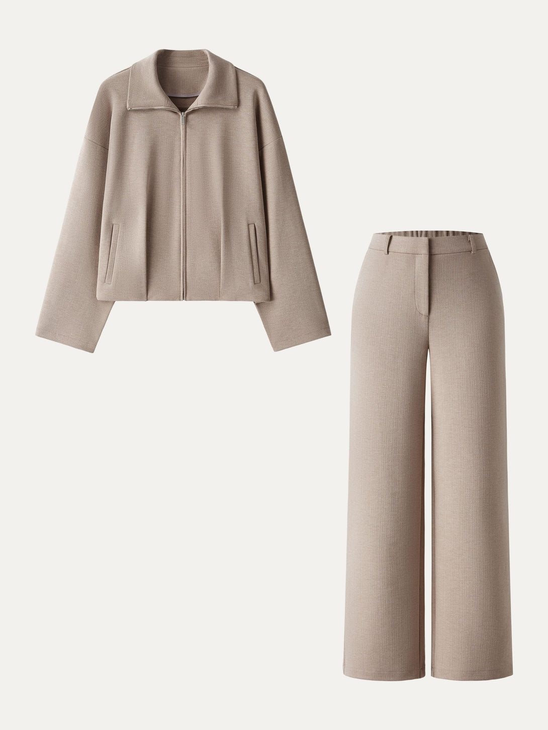 2Pcs Set Textured Full Zip Jacket & Mid Rise Straight Leg Pants with Pockets