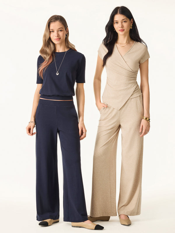 Lyocell Wool Mid Rise Wide Leg Pull-on Pants with Pockets