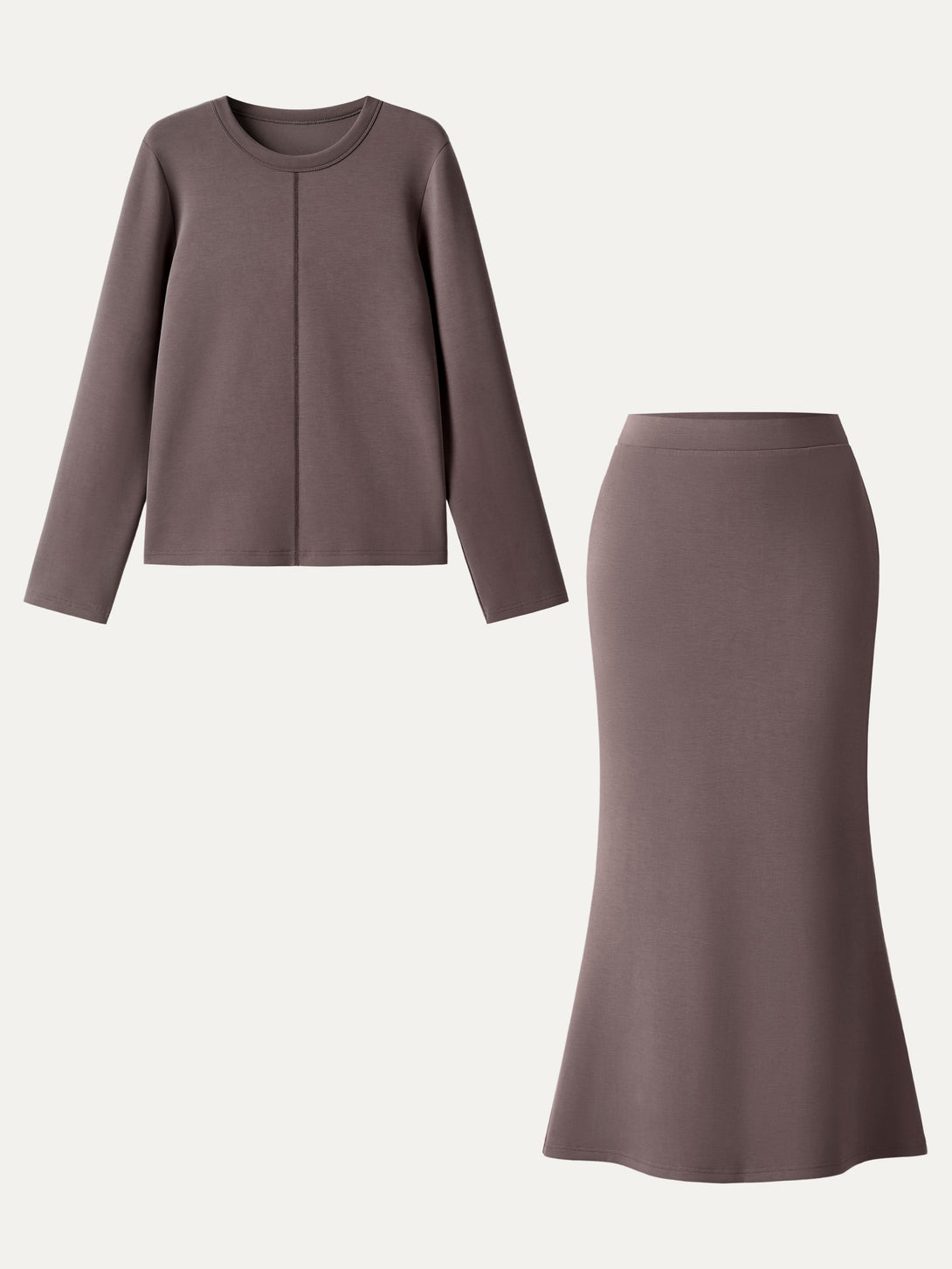 2Pcs Set Crew Neck Pullover Shirt & Wrinkle-Resistant Maxi Pull-on Skirt Deepest Mauve XS