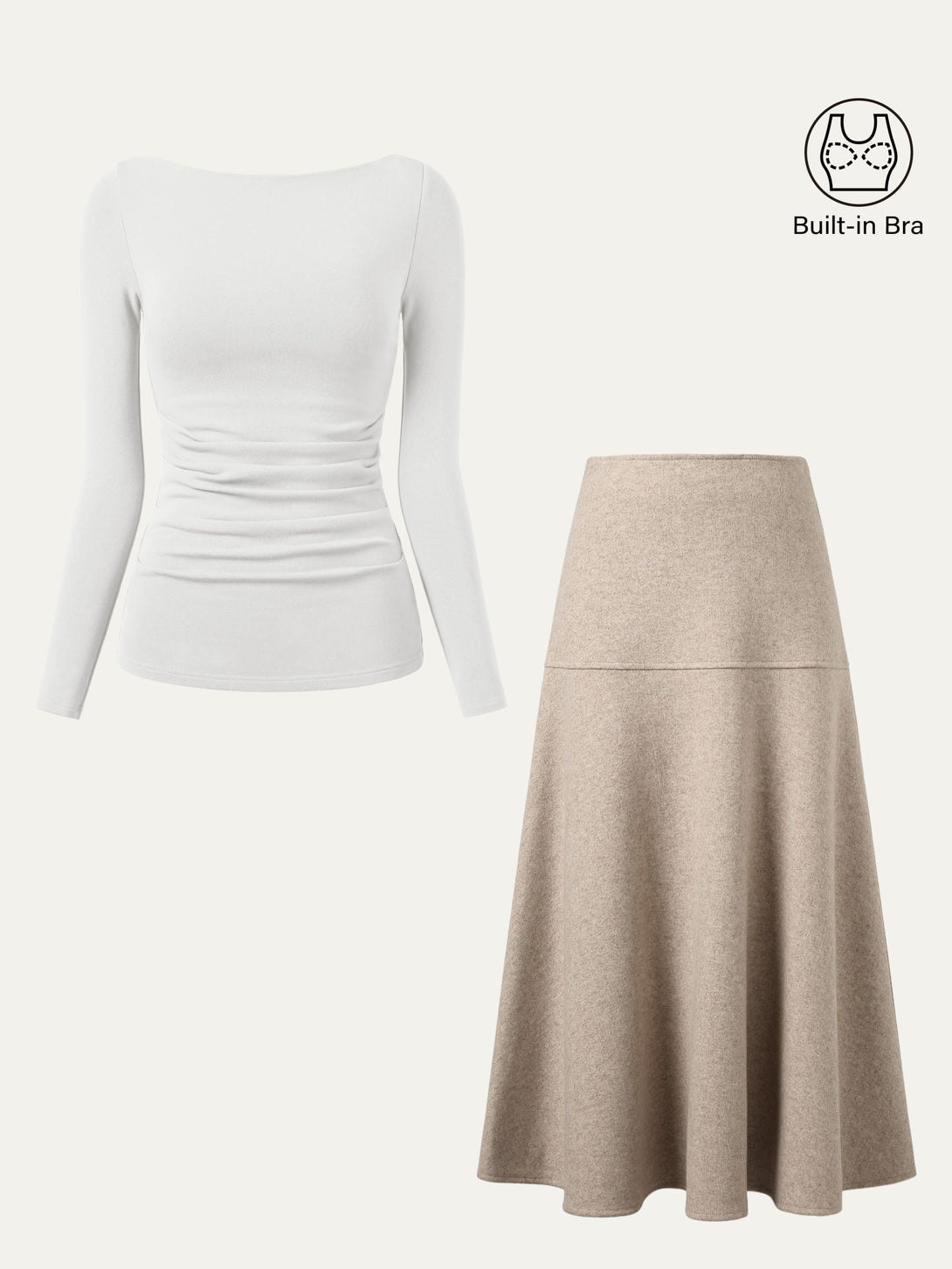 2Pcs Set Boatneck Tucks Brami Top & Flared Maxi Skirt White/Heather Oatmeal XS