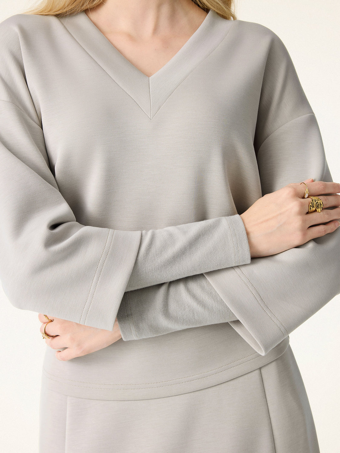 V-neck Hip Length Top with Sleeve Warmers