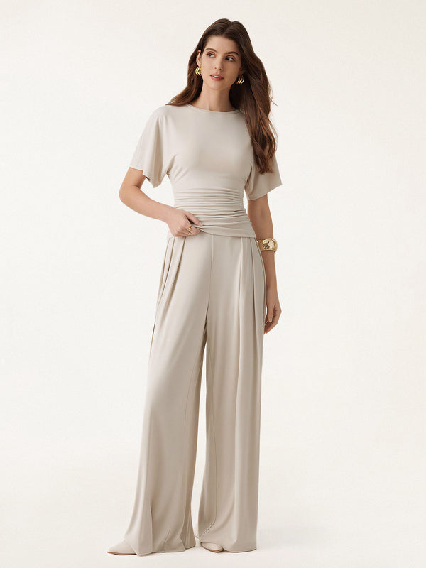 OGLmove 2Pcs Set Boatneck Sleeve Top & Wide Leg Palazzo Pant with Pockets Morning Mist XS