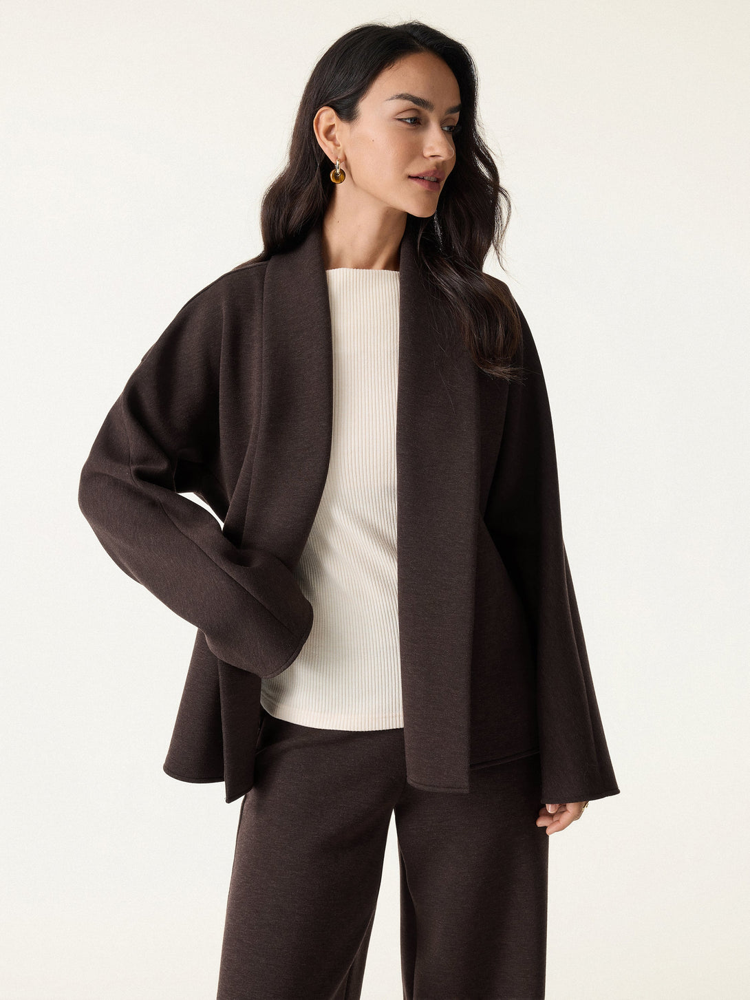 2Pcs Set Shawl Belted Outerwear & High Rise Straight Pull-on Pants with Pockets