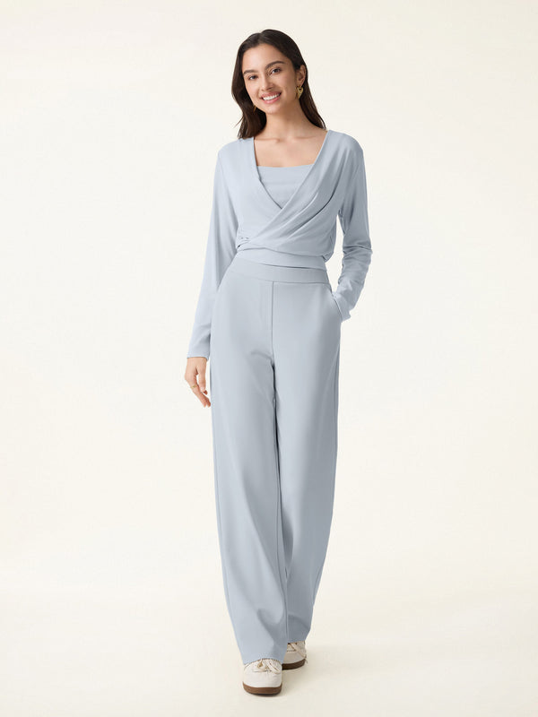 2Pcs Set Modal 2-in-1 Wrap Brami Top & Straight Leg Pull-on Travel Pants