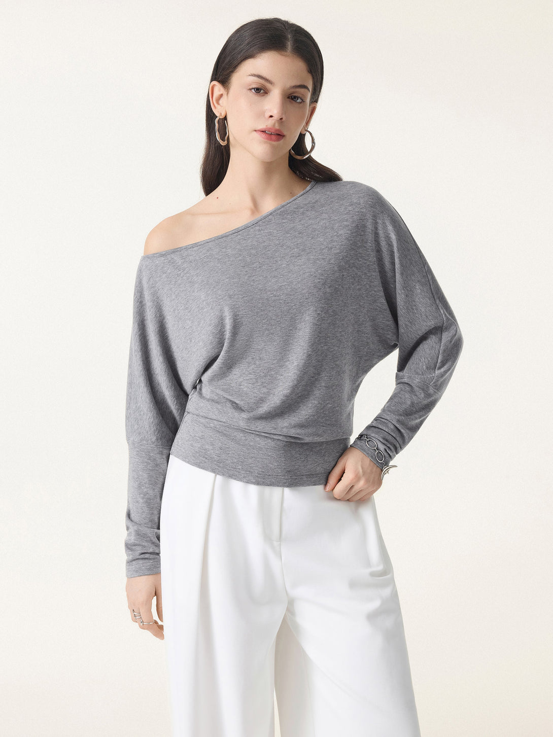 Lyocell Cashmere Cold-Shoulder Semi-Sheer Top Heather Grey XS