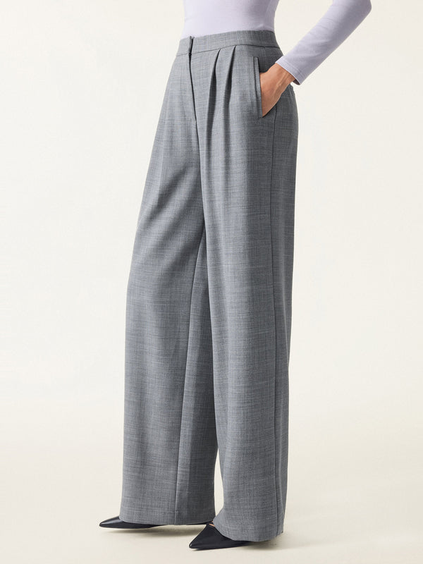 4-way Stretch Wool Mid Rise Pleated Wide Leg Trousers with Pockets