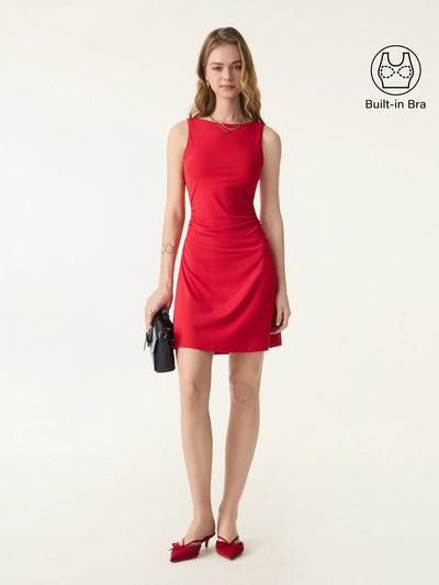 SkinKiss Boatneck Ruched A-line Mini Brami Dress Red XS