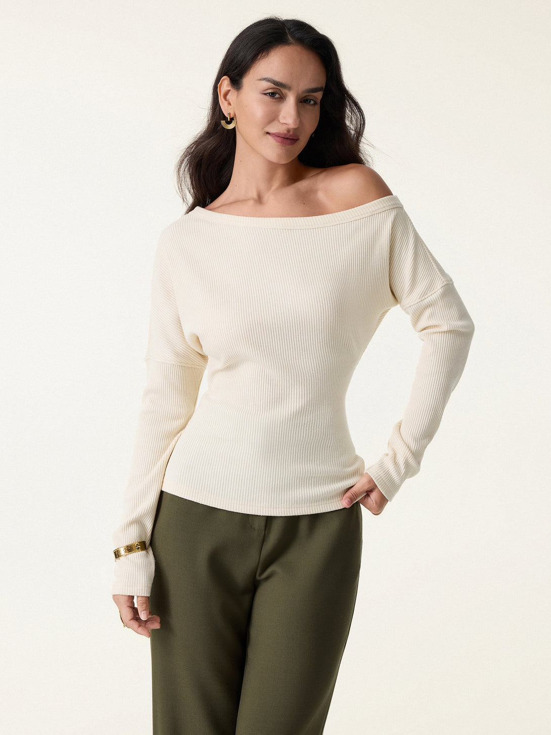 Ribbed Asymmetrical Neckline Long Sleeve Top