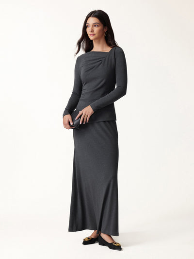 OGLmove 2Pcs Set Asymmetrical Neck Long Sleeve Top & High-Rise A-Line Maxi Skirt Heather Night Charcoal XXS